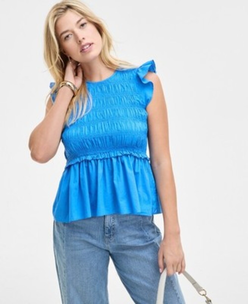 On 34th Flutter-Sleeve Smocked Peplum Top Womens XS Beach Blue Crewneck Pullover